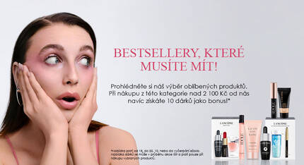 Žena se zvyrazněnym ličenim a překvapenym vyrazem tvaře, vedle ni reklamni text o bestsellerovych kosmetickych produktech s nabidkou bonusů.