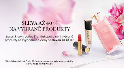 Sleva 40 % na vybrane produkty, vizual s parfemem, rtěnkou a květinami v pozadi.
