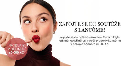 Alt text: Žena s vyraznym make-upem se usmiva, vedle ni jsou produkty značky Lancome a text o soutěži.