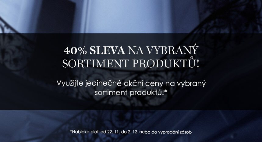 Text na obrazovce oznamuje 40% slevu na vybrany sortiment produktů s nabidkou platnou od 21. 11. do 21. 12. nebo do vyprodani zasob.