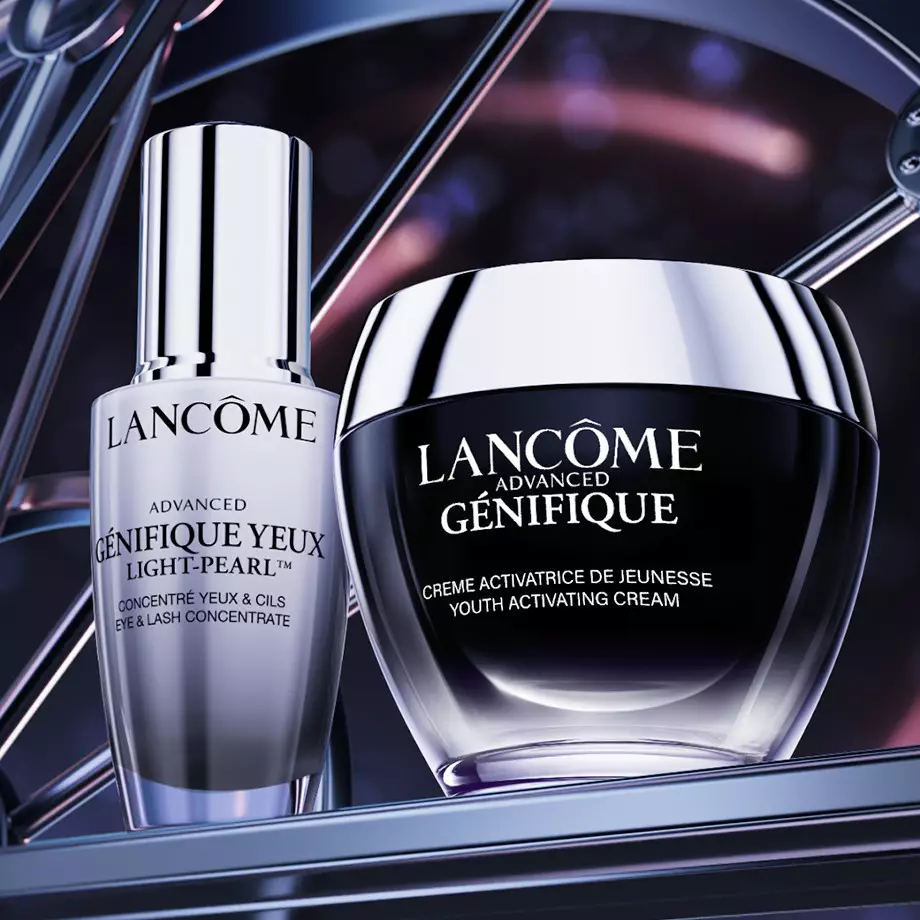Lancome's Advanced Genfique Creme and Genifique Yeux Light-Pearl Serum displayed together on a neutral background.