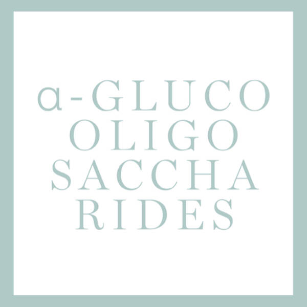 Text-based graphic featuring the words "a-GLUCO Oligo Saccharides" arranged in an artistic layout on a white background.