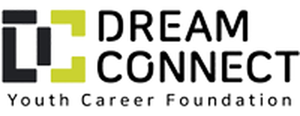 Logo for Dream Connect, Youth Career Foundation, featuring a modern design with the words "DREAM CONNECT" and the organization's full name below. The logo includes geometric elements in black and green.