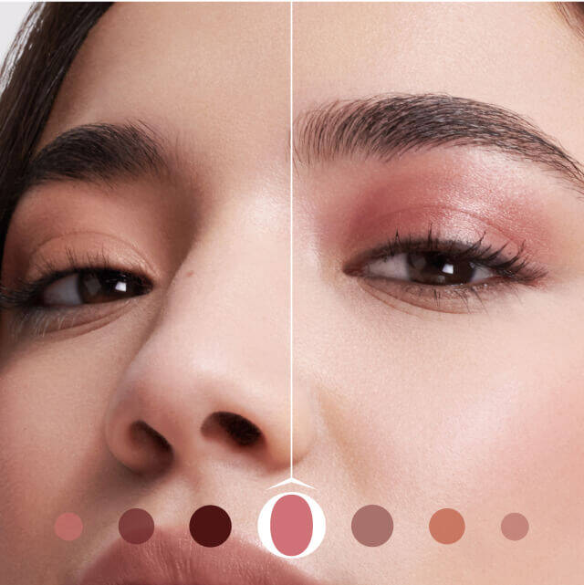 Detailni zaběr na obličej ženy s jemnym make-upem a modro-hnědymi očima, vedle palety barevnych odstinů.