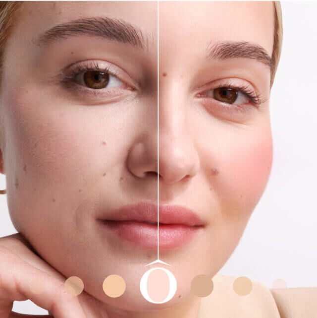 Žena s jemnym make-upem na půlce obličeje, na druhe straně přirozeny vzhled, ukazujici kontrast.