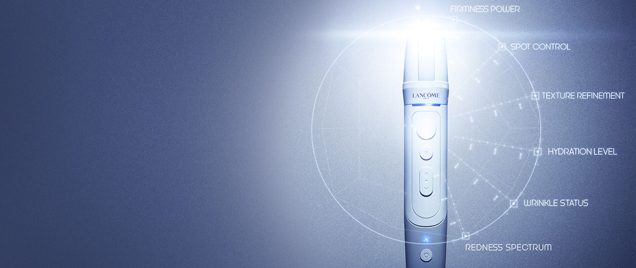A skincare device with luminous features displayed against a gradient background, featuring indicators for various skin analysis metrics like firmness, hydration, and redness.