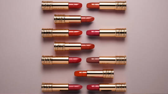 A flat lay of ten lipsticks featuring gold packaging, arranged in two rows with a variety of red and nude shades on a soft pink background.
